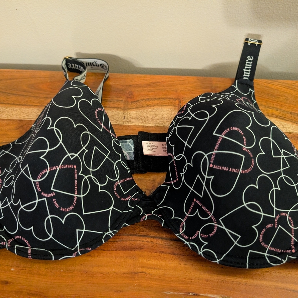 Black With Hearts Juicy Couture Bra 36D, Lightly Padded With Underwire